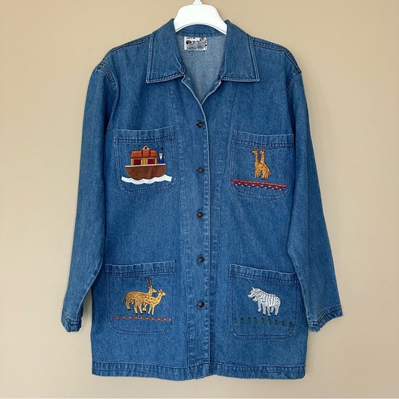 Vintage Women S Denim Jacket Embroidered Noahs Ark Christian Animal Chore Coat - Picture 1 of 10